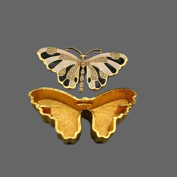 KJL Butterfly Brooch and Trinket Box, Golden Tan Black Enamel & Crystals, Vtg - Picture 3 of 8